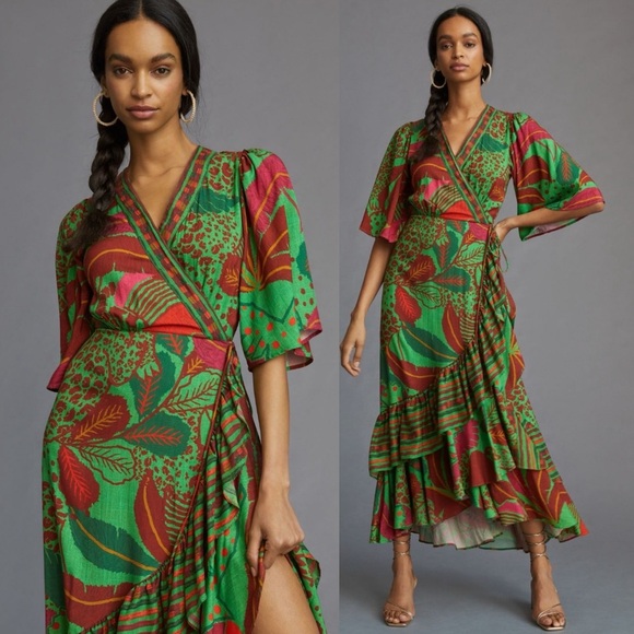 Farm Rio x Anthropologie Flutter-Sleeve Wrap Maxi Dress in Green XS - Picture 1 of 15